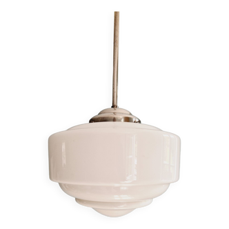 Large Art Deco pendant lamp in white opaline, 1920s-30s