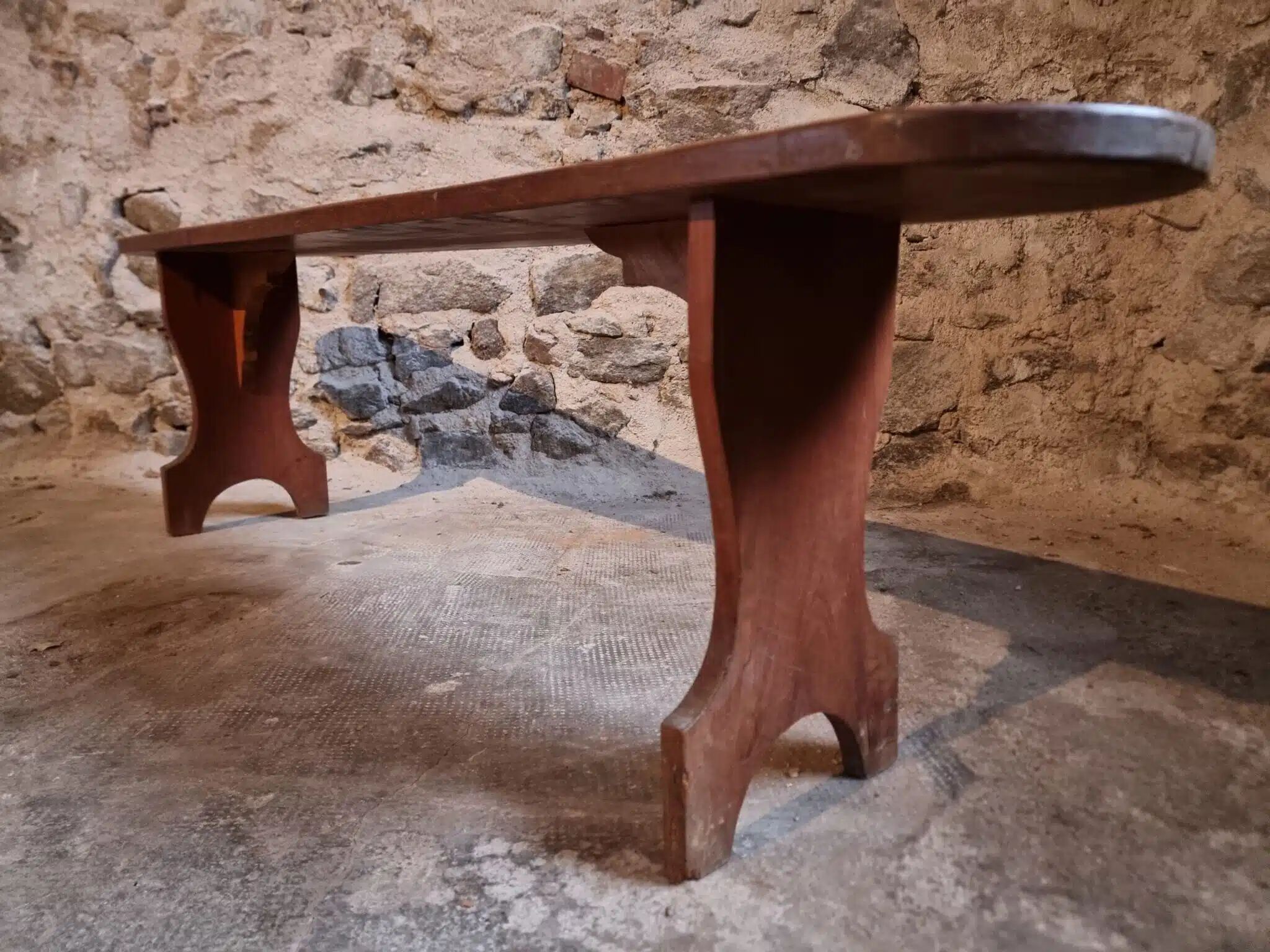 French cherry wood bench, 1930s, narrow wooden bench.