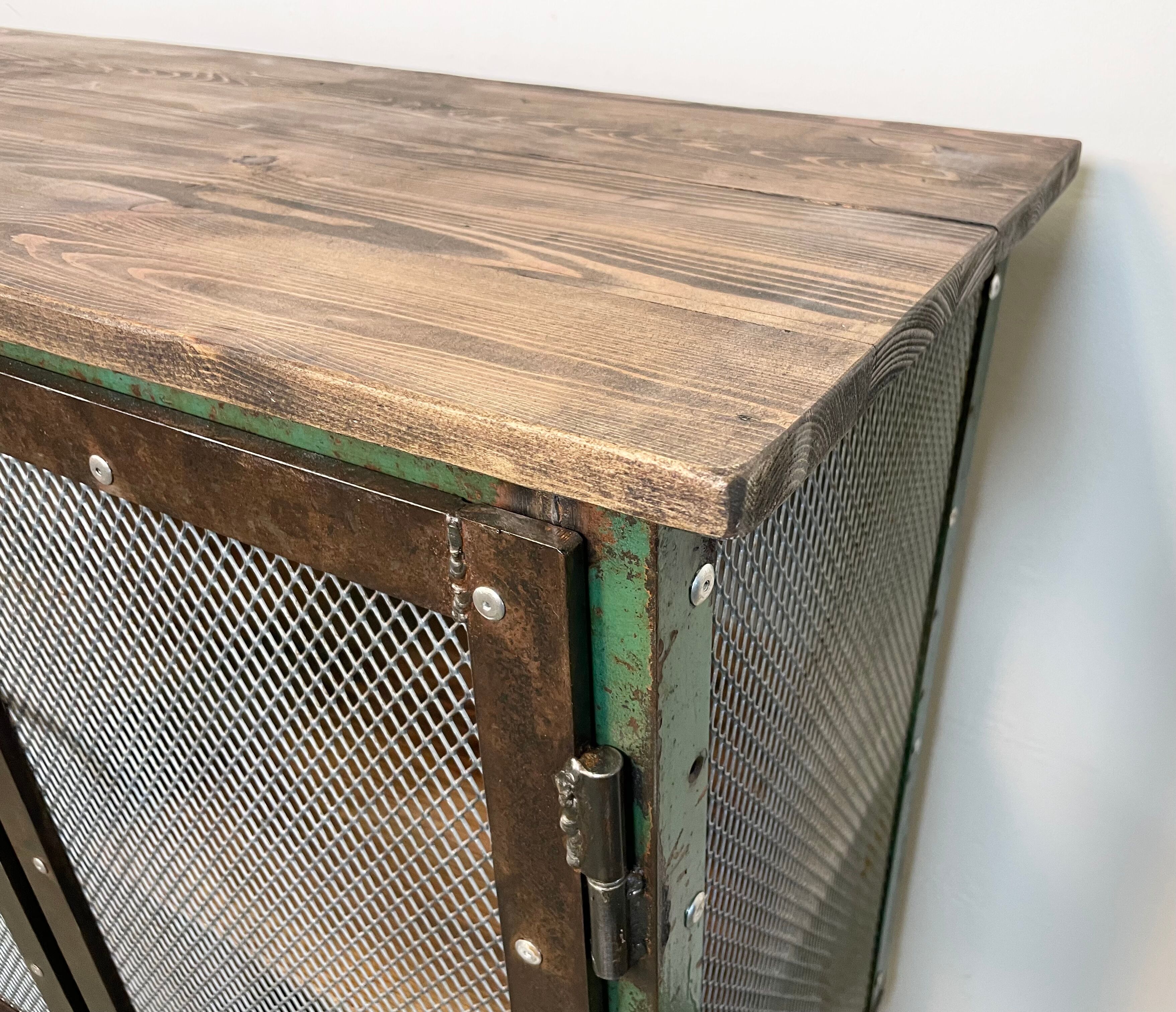 Industrial Iron Cabinet with Mesh Doors on Wheels, 1960s