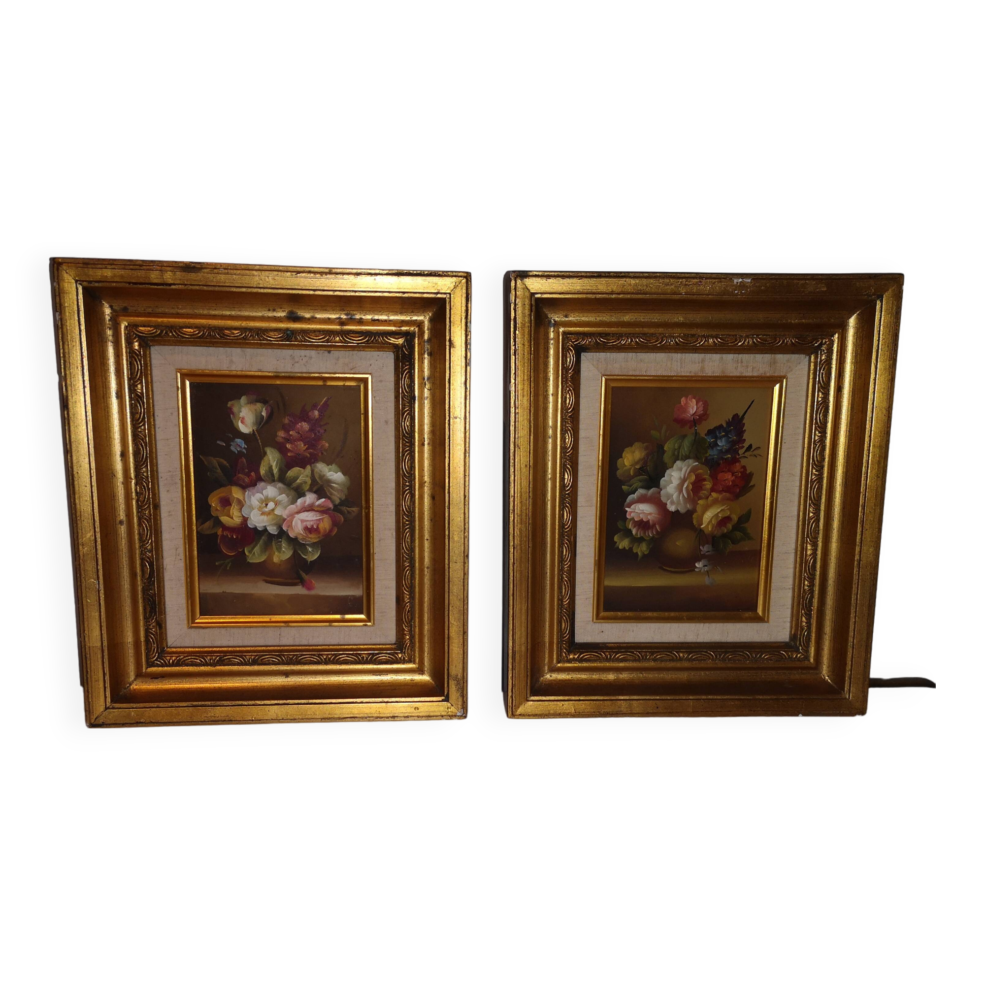 Paire de tableau nature morte sur bois bouquet de fleurs vintage