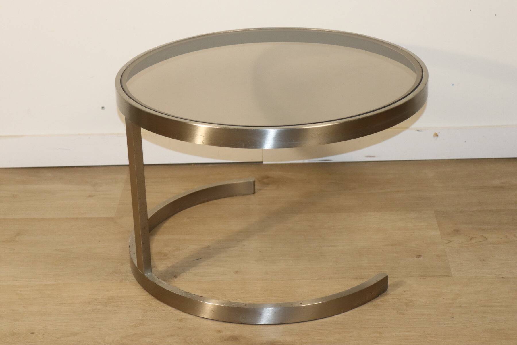 Table basse d'appoint vintage en acier brossé et verre, 1970