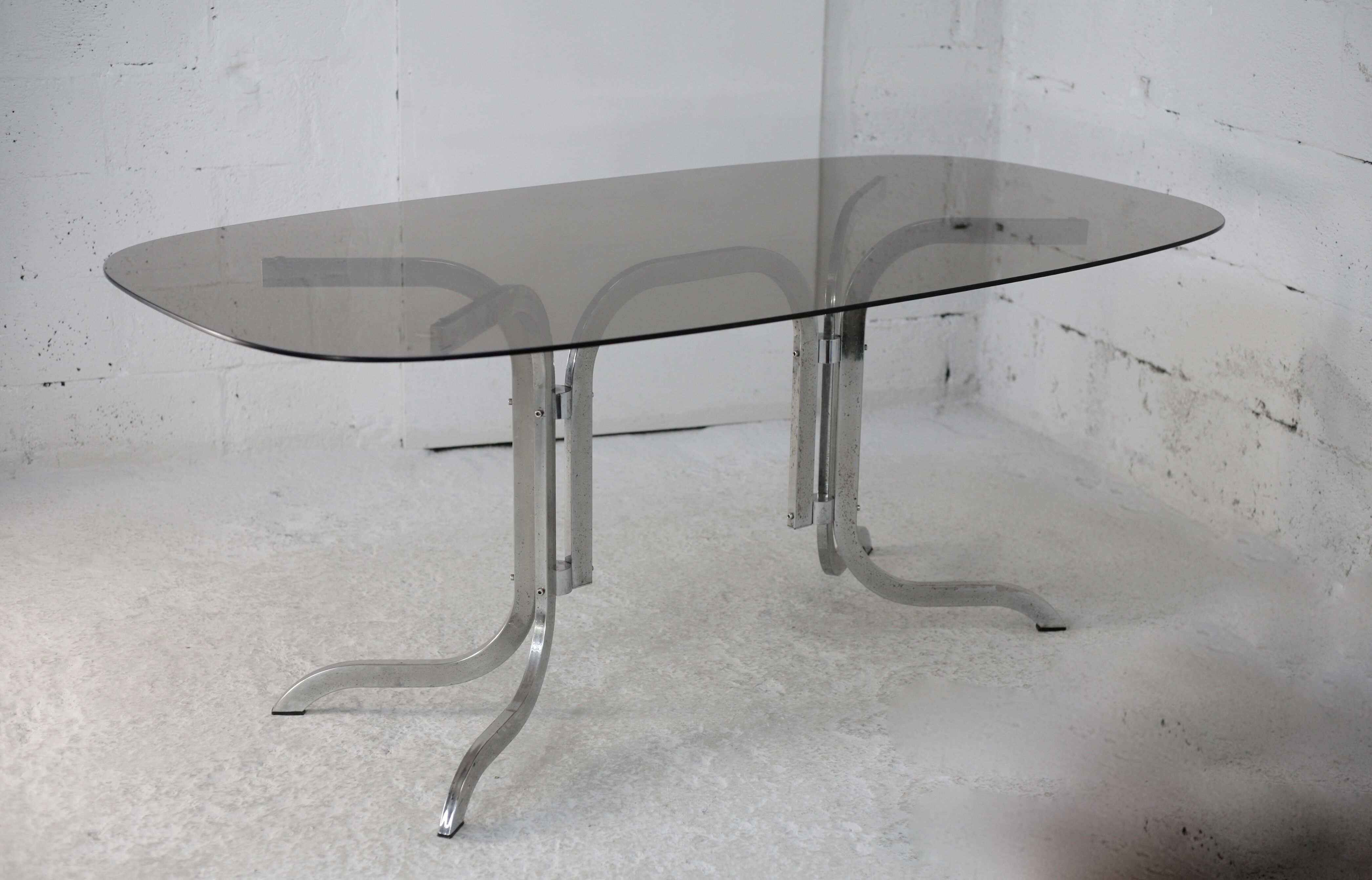 Table chrome steel smoked glass slab. France, circa 1970