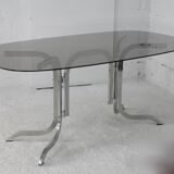 Table chrome steel smoked glass slab. France, circa 1970