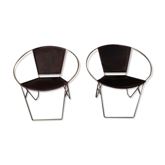 Pair of dark brown leather armchairs