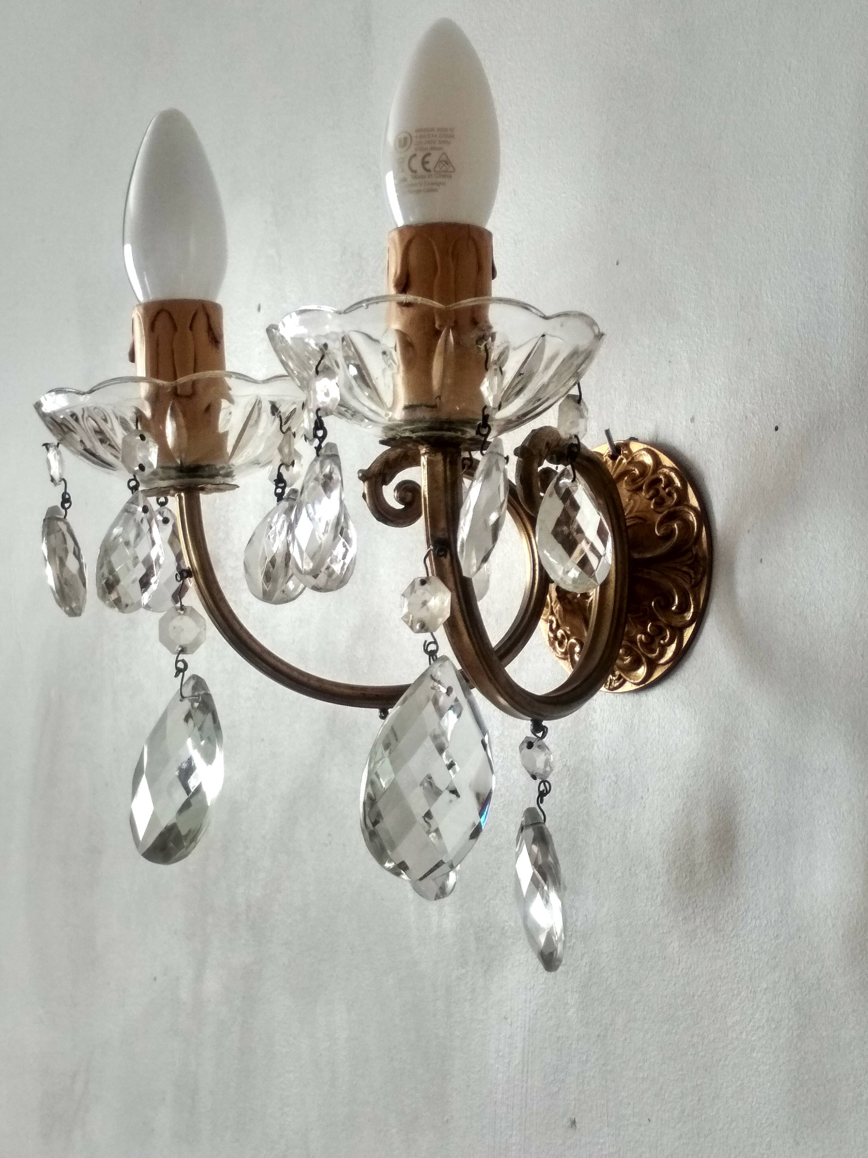 Golden brass wall light and crystal pendants - 2-light rococo light