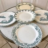 set of 5 flat plates Terre de Fer mismatched Sarreguemines "Griffon", Salins "Ninon" and Mouli