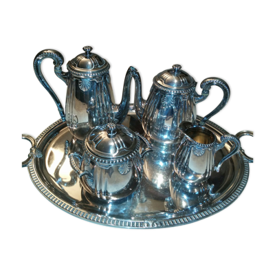 Service cafe metal argente avec plateau modele coquille