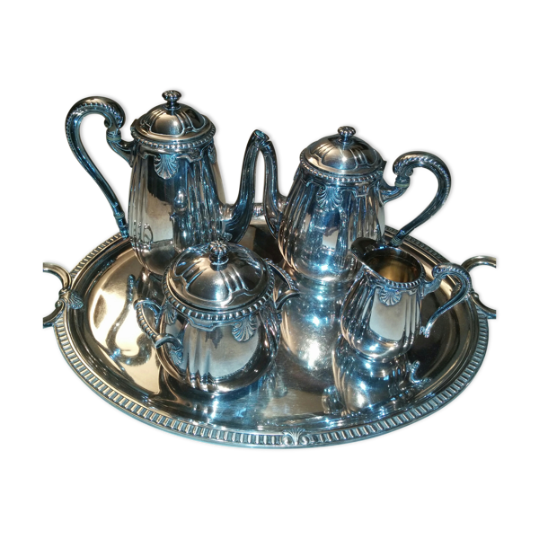 Service cafe metal argente avec plateau modele coquille