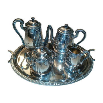 Service cafe metal argente avec plateau modele coquille