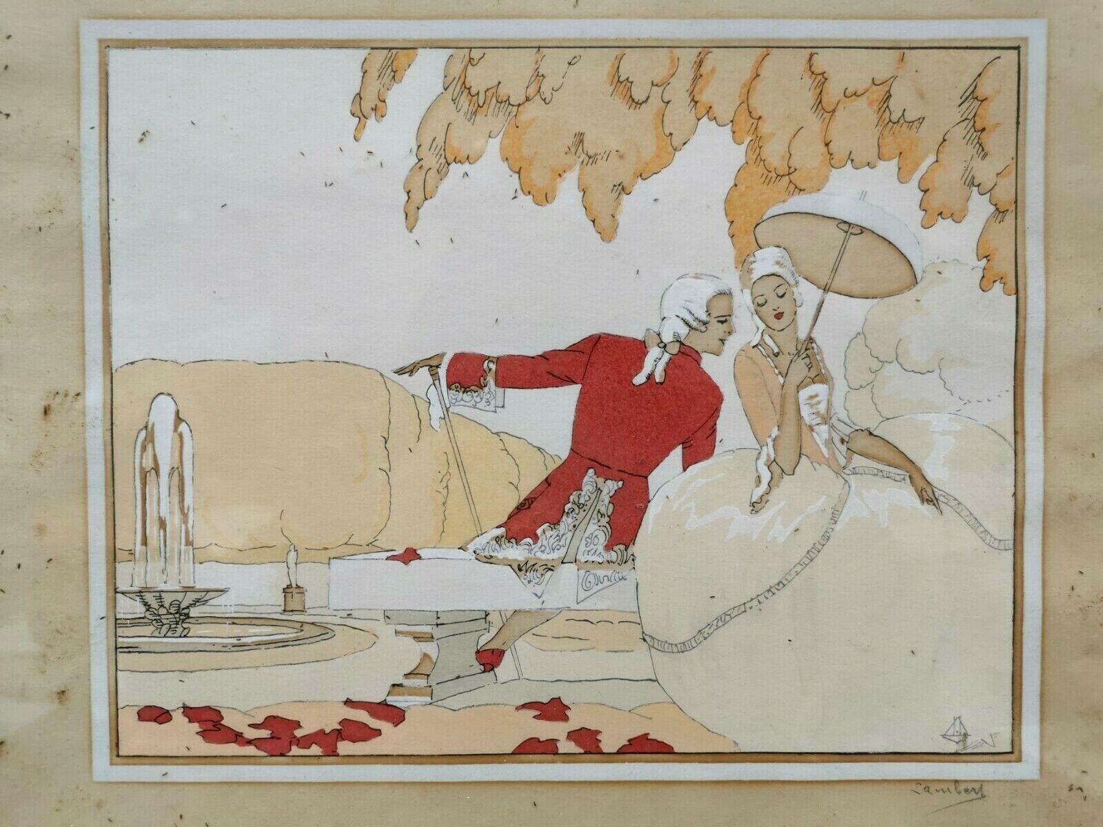 Pair of old frames watercolor drawings signed lamber lambery ? romantic