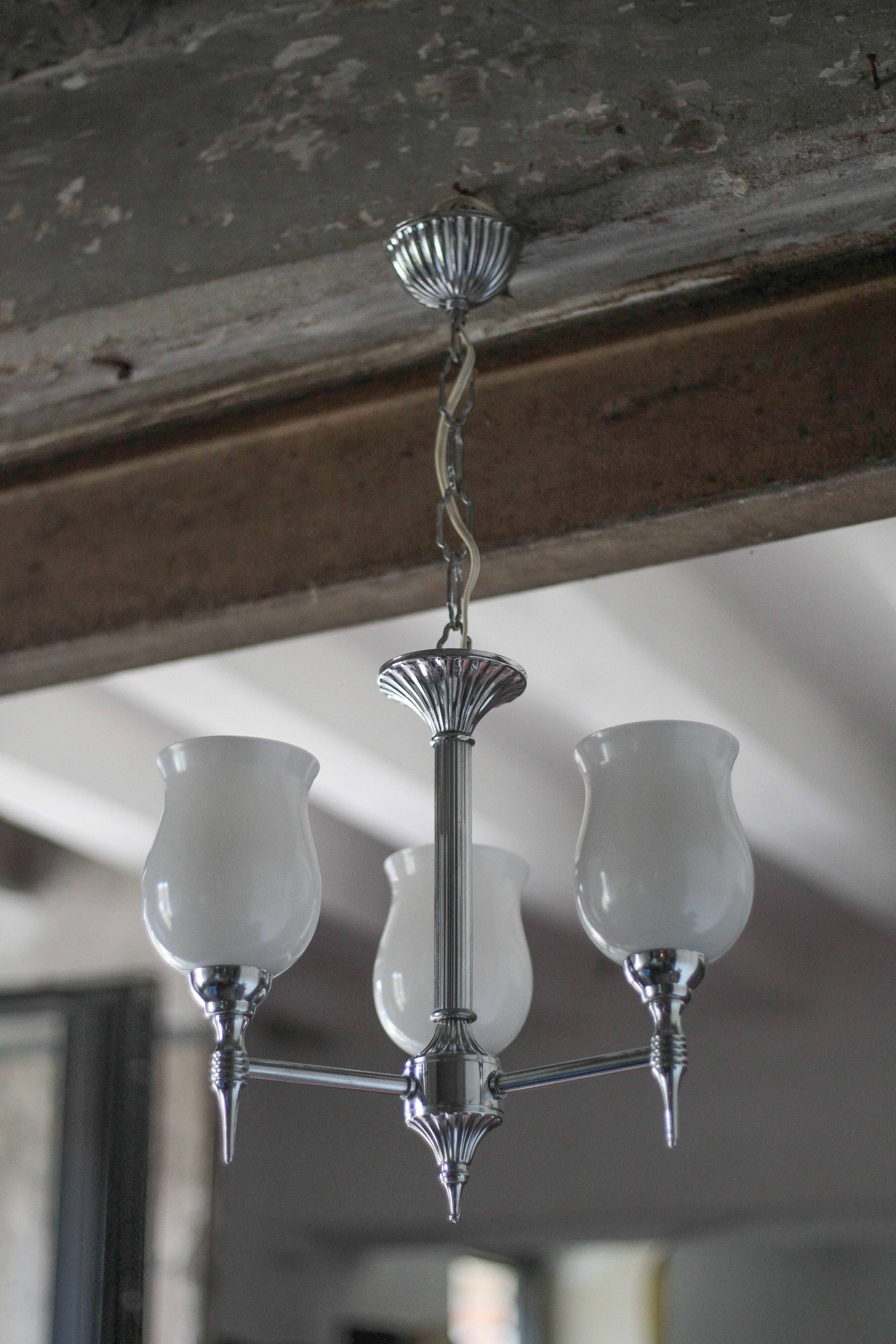 Vintage opaline pendant light, 3-light white opaline globe chandelier