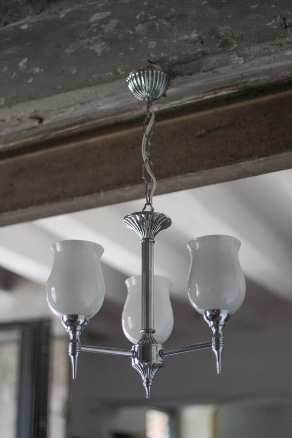 Suspension opaline vintage, lustre 3 feux globe opaline blanc
