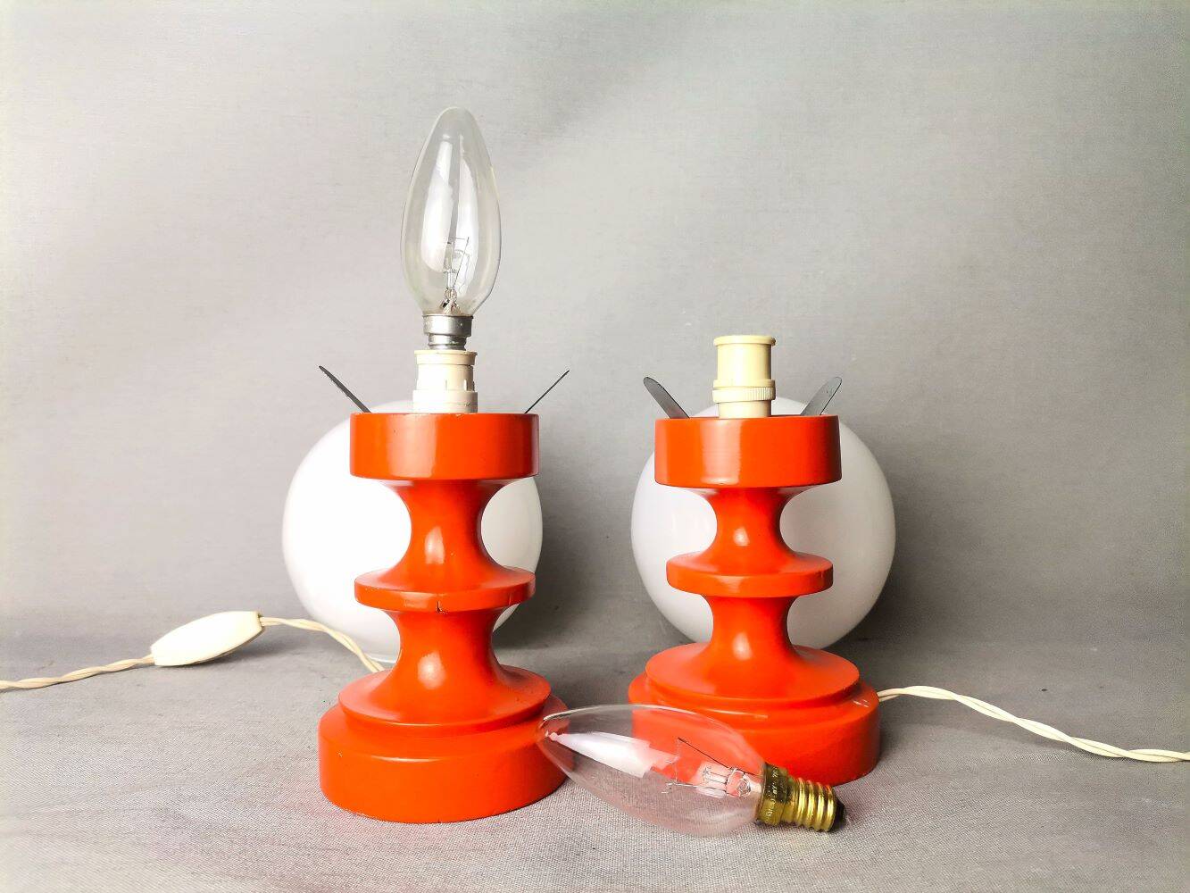 Pair orange painted wood opaline glass tabel lamps