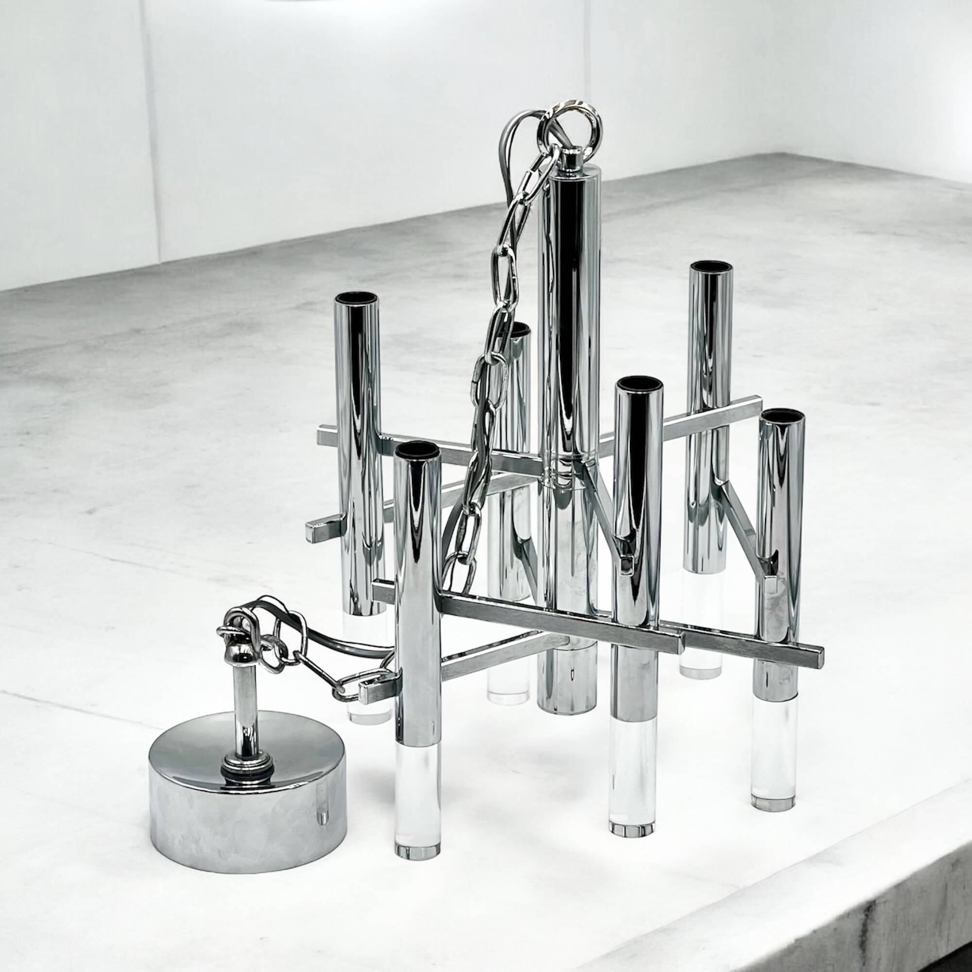 Large 70s Pendant Lamp in Chrome Metal and Perspex by Sciolari