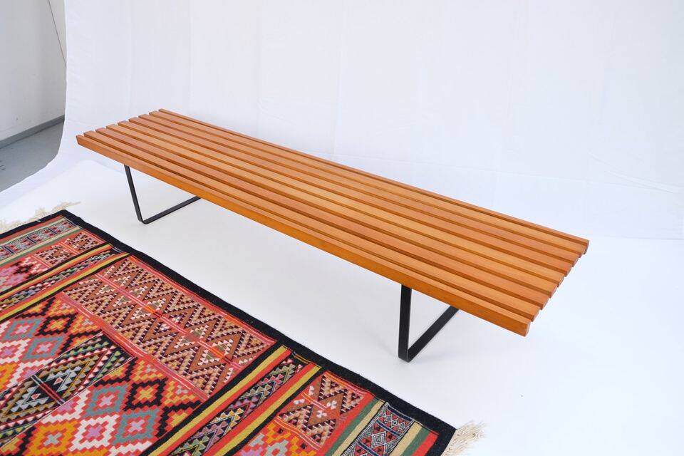 Bench in 60s-70s style, slatted bench, low seat, retro vintage style from the 60s-70s.