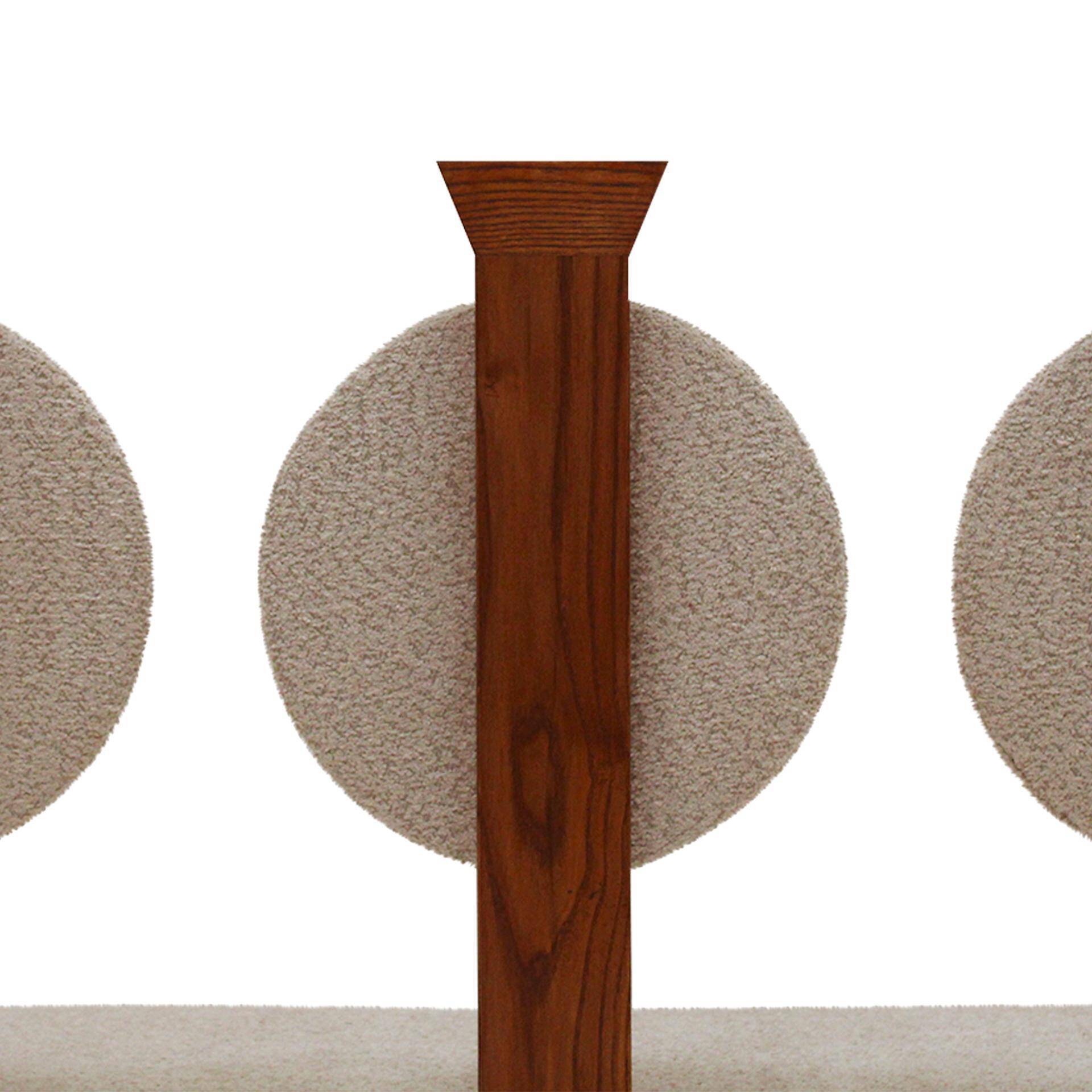 Contemporary Wooden Bench with Triple Circular Backrest Bouclé Upholstery, Italy