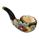 Vallauris pipe-shaped ashtray with blue and gold flowers
