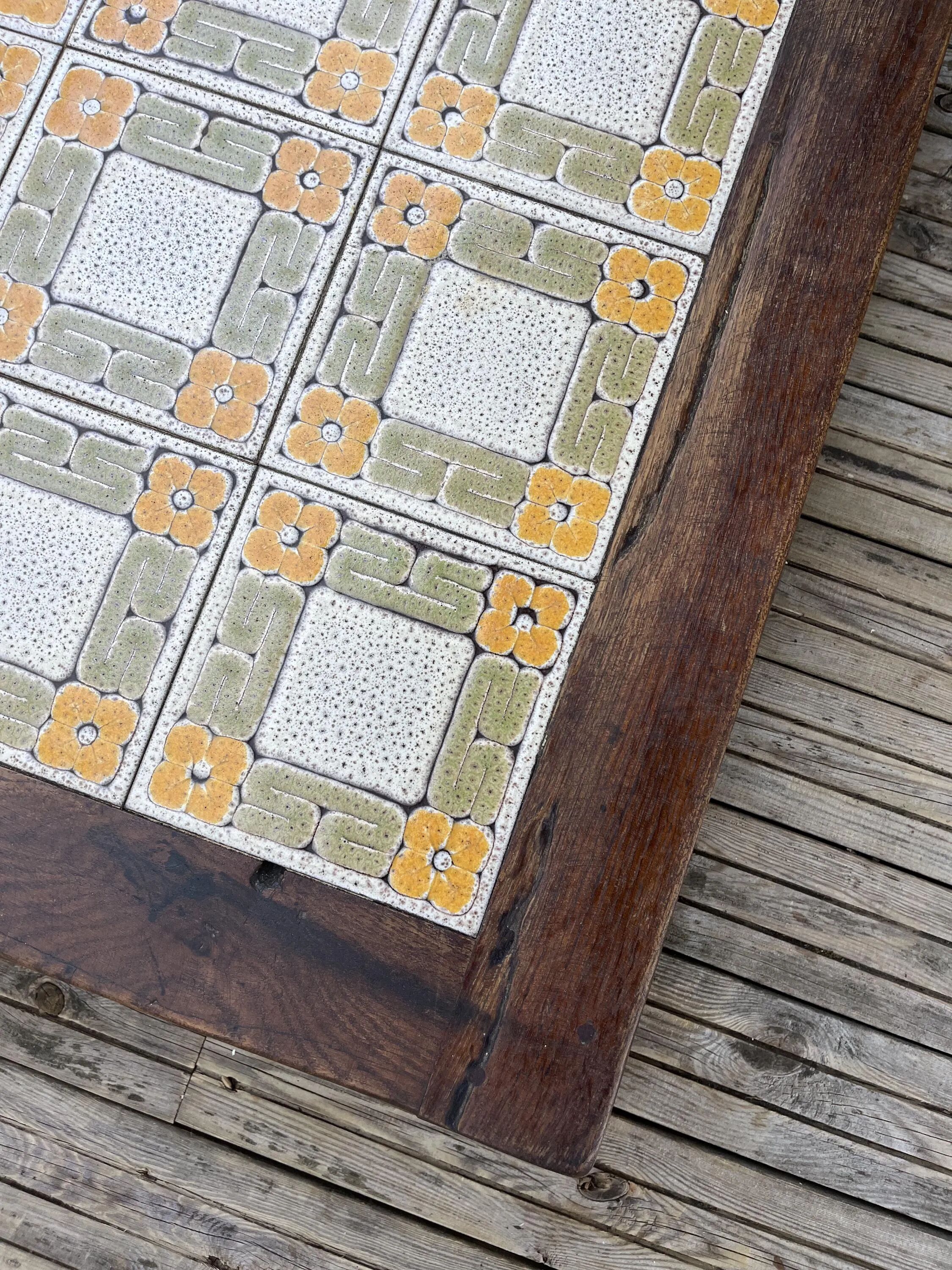 Large vintage 1960s oak and ceramic coffee table.