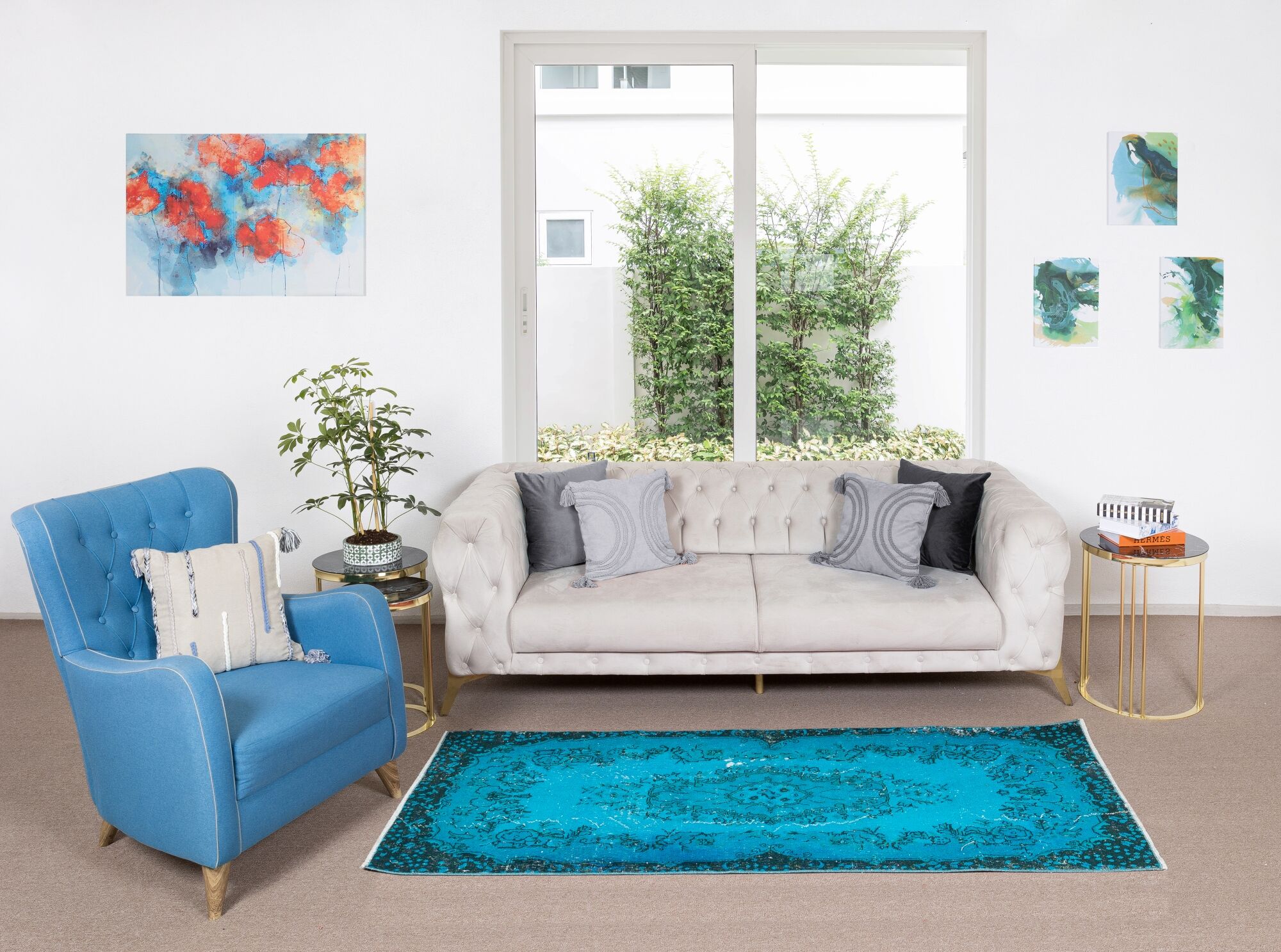 3.7x6.9 ft handmade vintage turkish rug redyed in teal, ideal 4 modern interiors