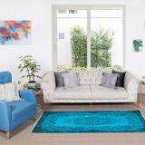 3.7x6.9 ft handmade vintage turkish rug redyed in teal, ideal 4 modern interiors
