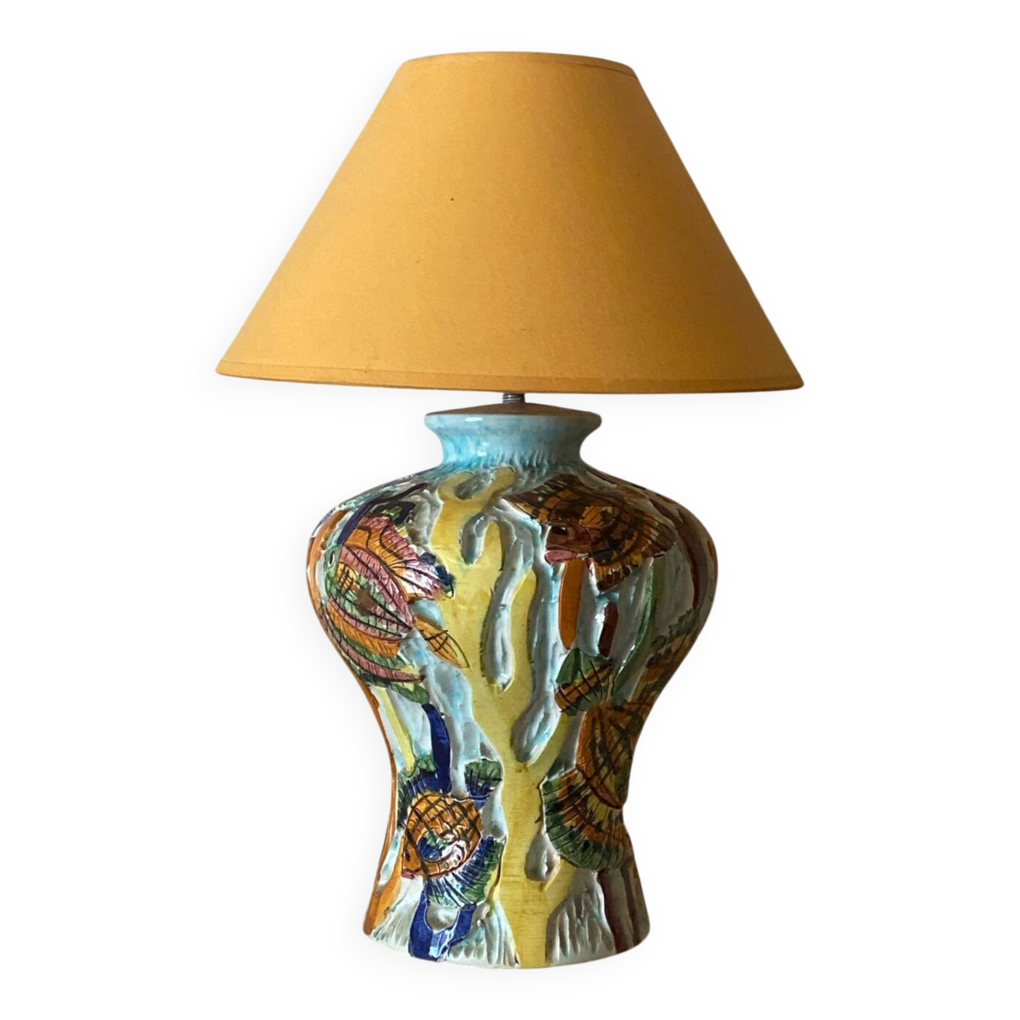 Ceramic lamp signed Claude Pruffert – Vallauris, marine decor in relief