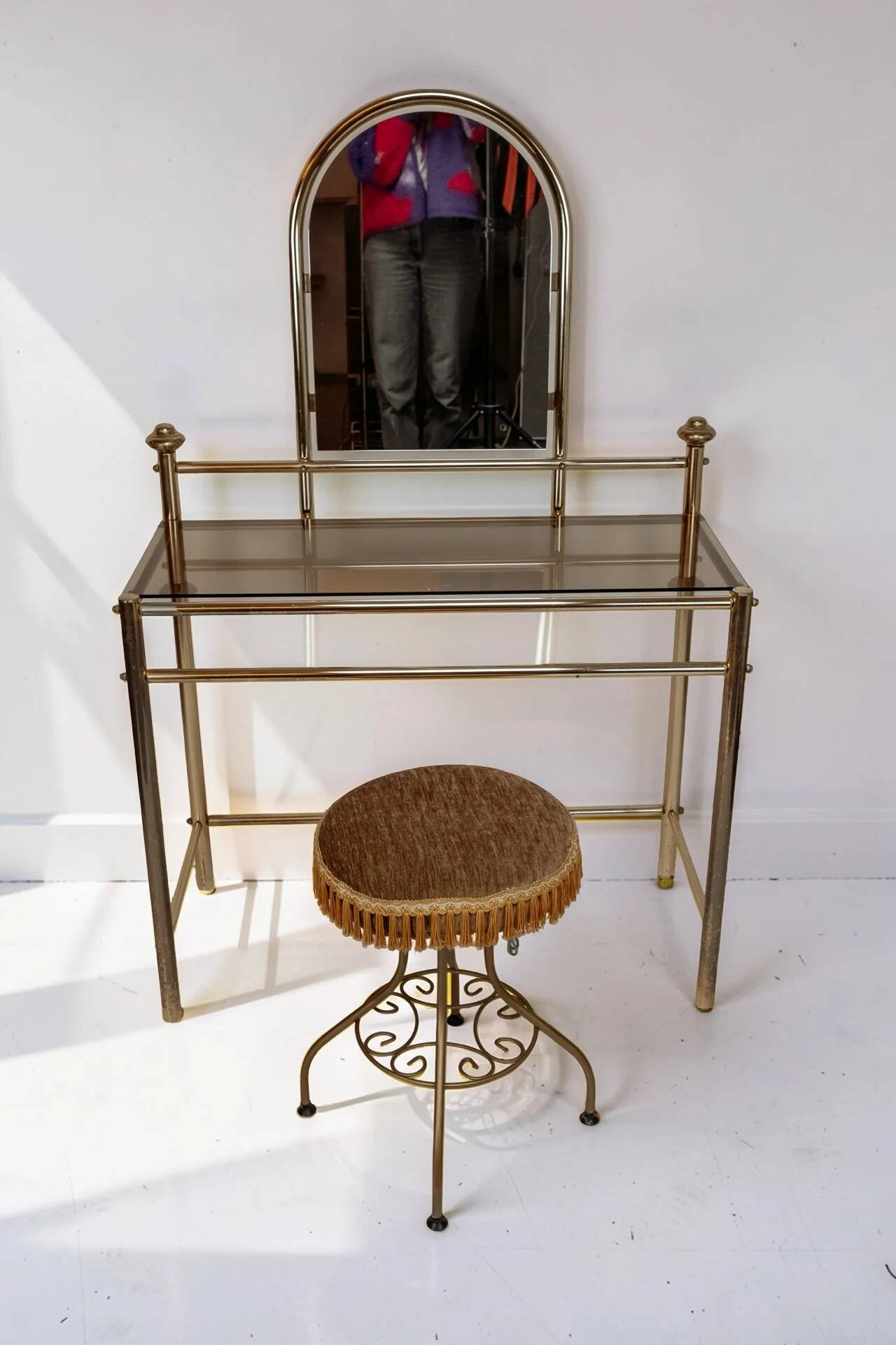 Coiffeuse vanity vintage en laiton avec tabouret
