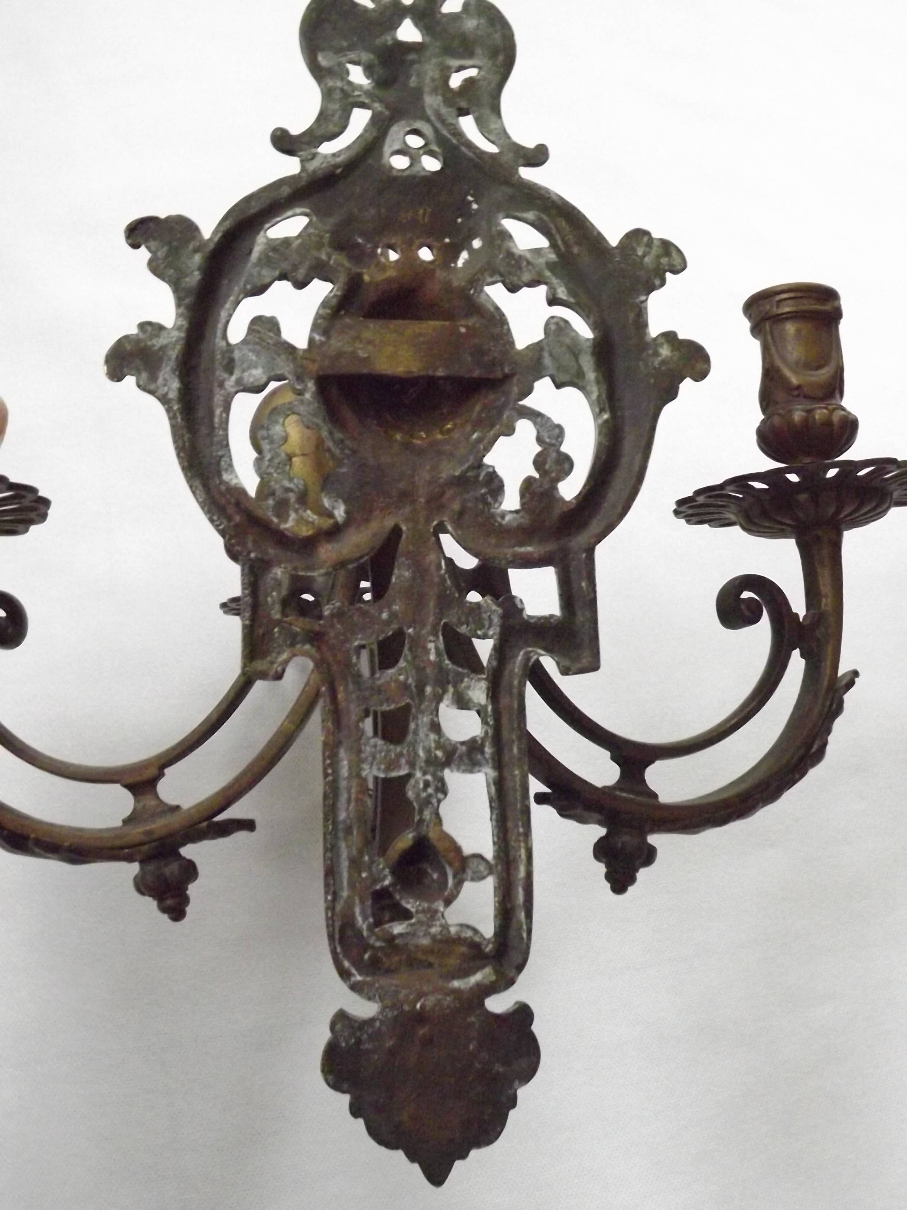 Pair of Heavy Victorian Bronze Triple Wall Sconces Griffin & Flower Detail