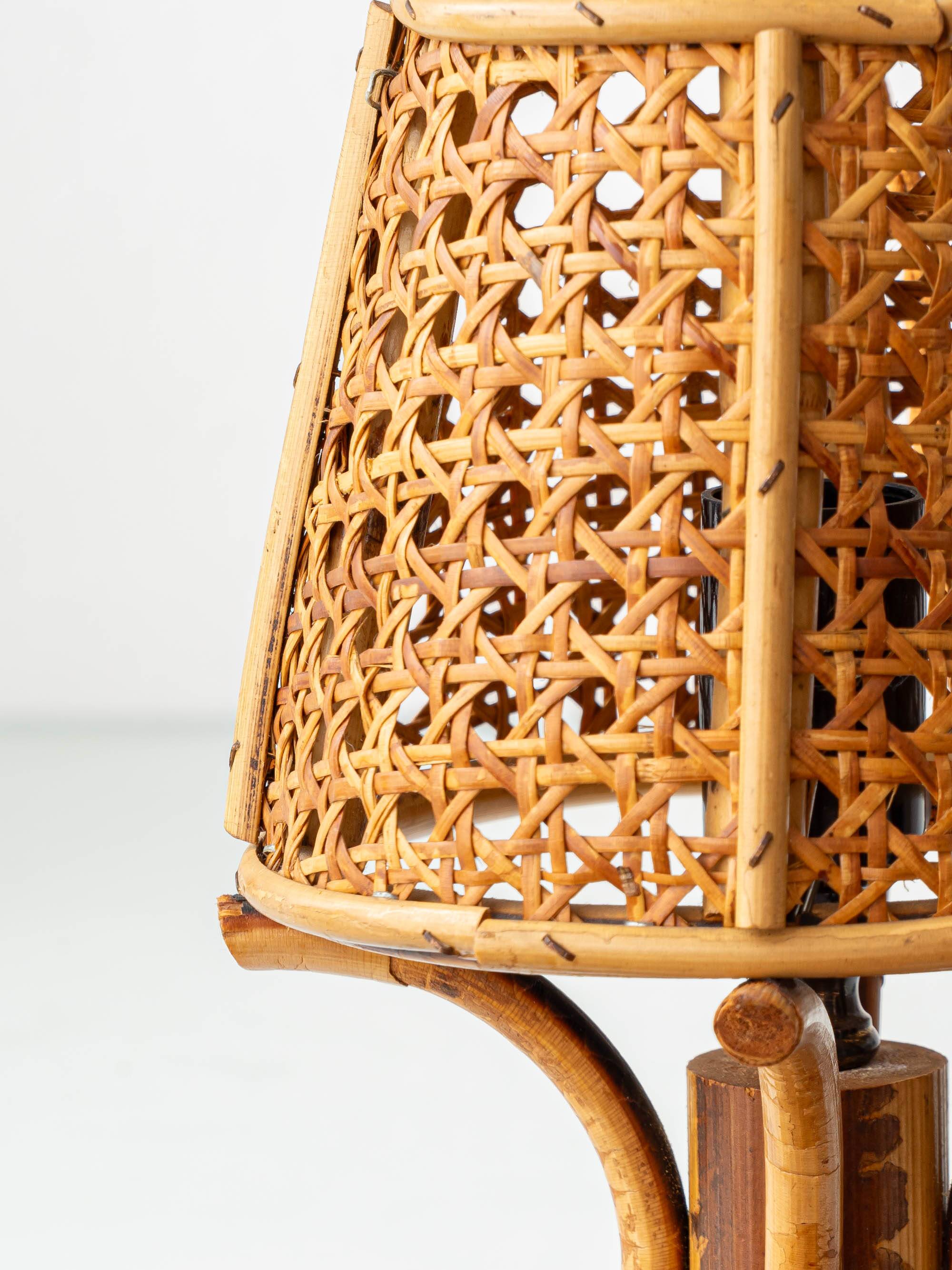 French Riviera Bamboo Rattan Table Lamps, Pair, Vienna Straw Shades, 1960s
