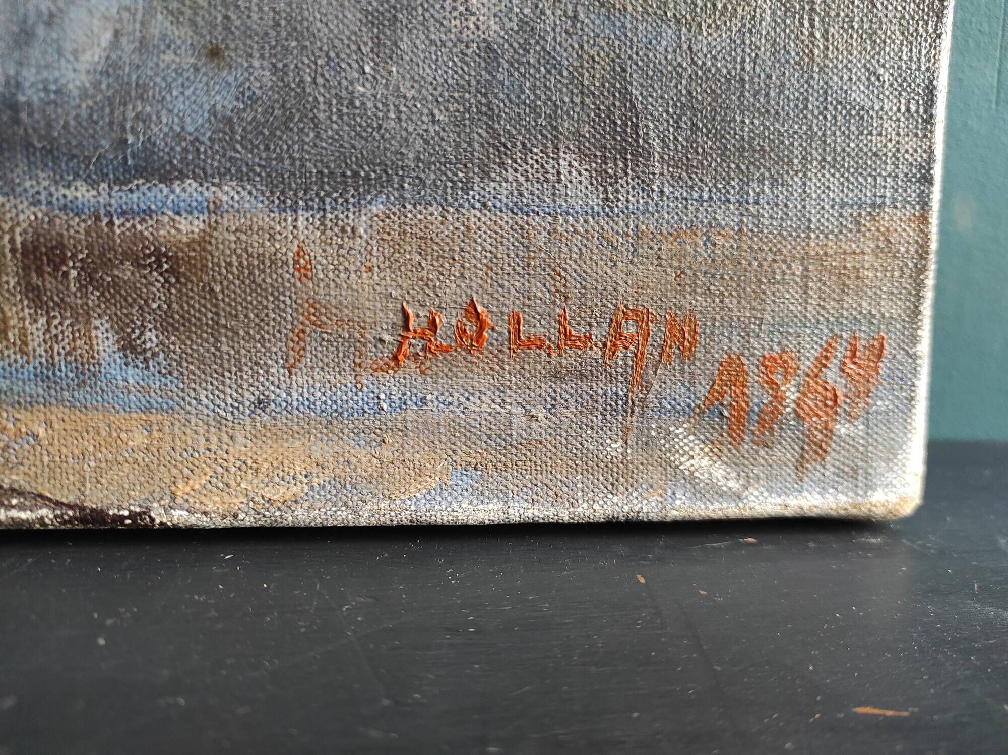French vintage oil painting, signed Hollan, 1964