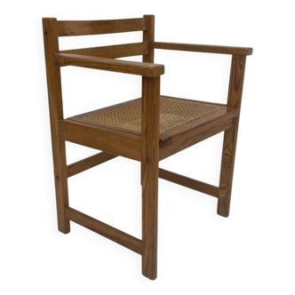 Chaise vintage en sangle et bois de pin des années 70 au design minimaliste