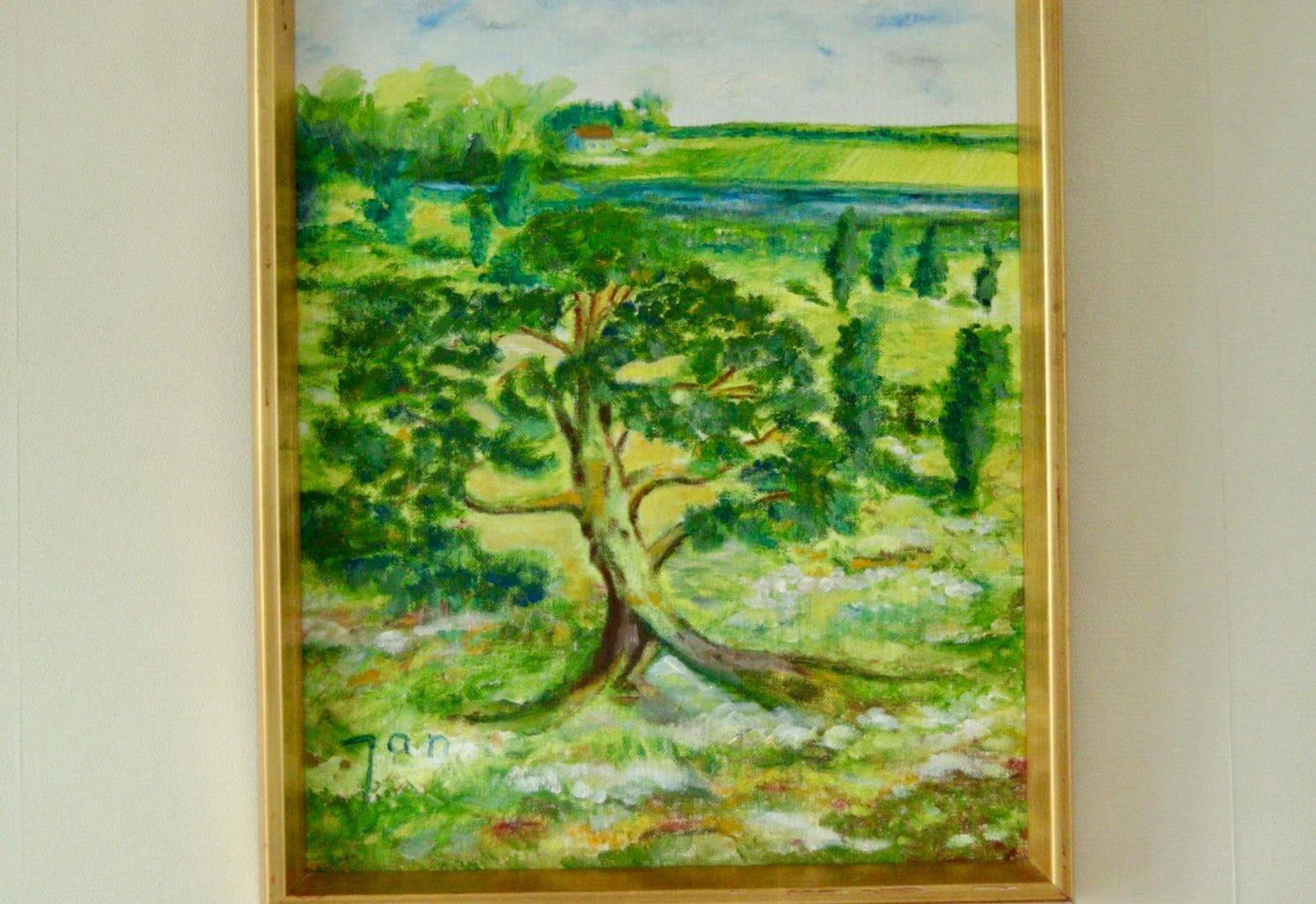 Huile sur panneau vintage originale – « Arbre sur paysage » Jan