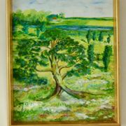 Huile sur panneau vintage originale – « Arbre sur paysage » Jan