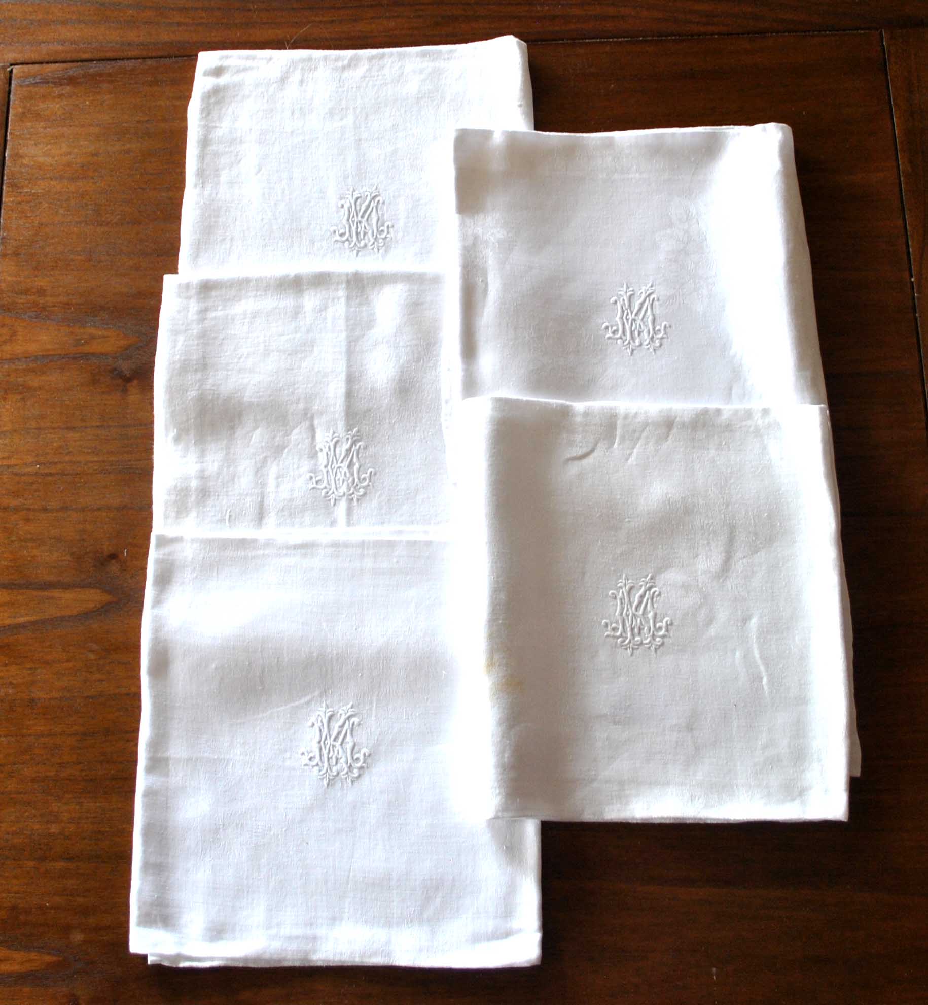 Set of 5 vintage towel towels in damask cotton embroidered monogram MK 75x75