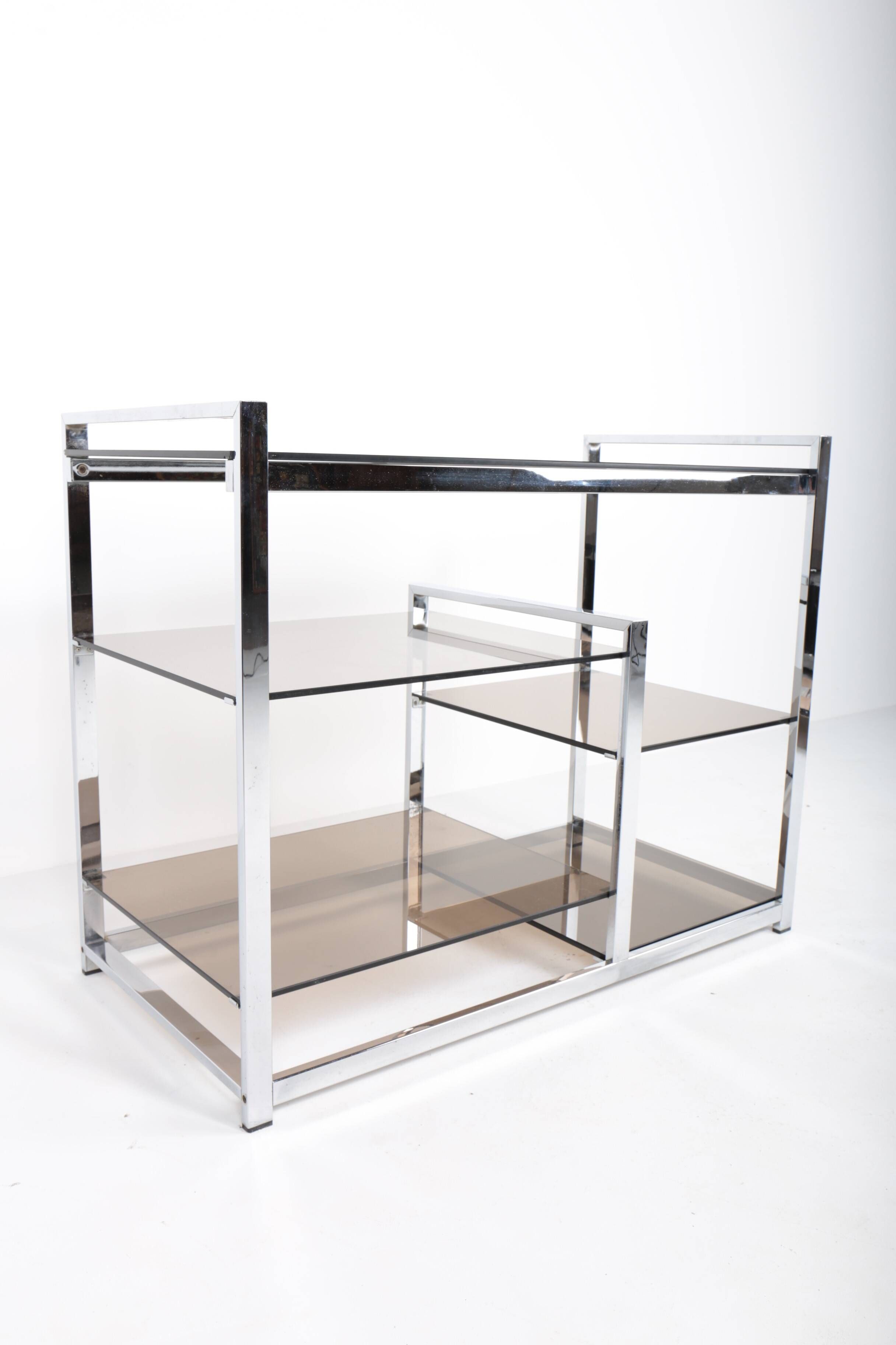 Vintage hifi or TV unit in chrome steel and smoked glass