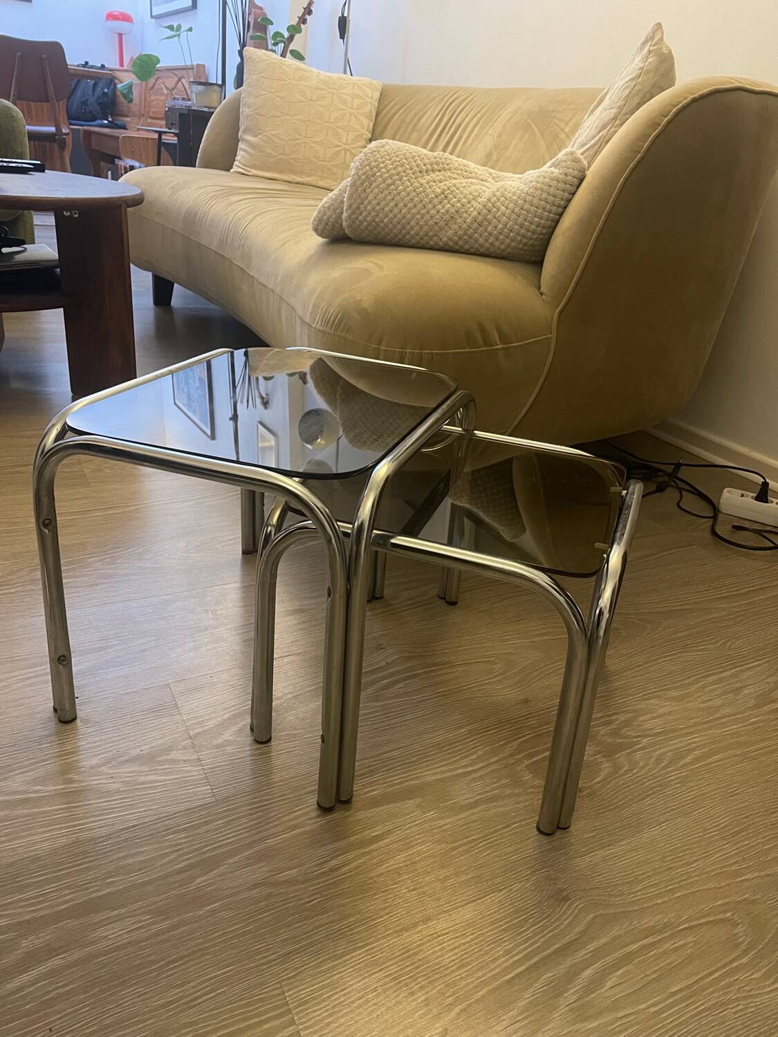 Table gigognes en chrome et verre fumé, 1970s, set de 2