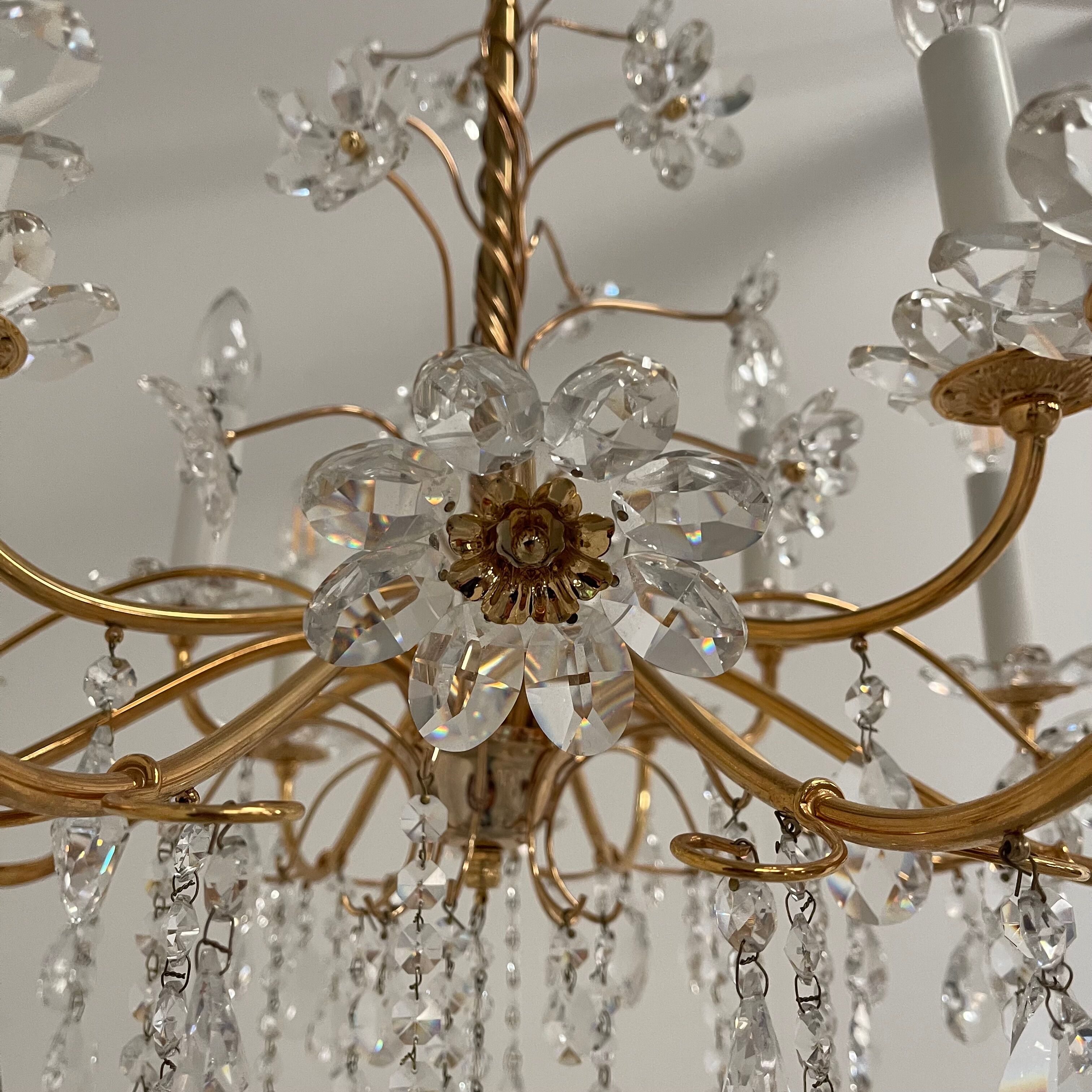 Vintage crystal brass chandelier by Palme & Walter, 1970s