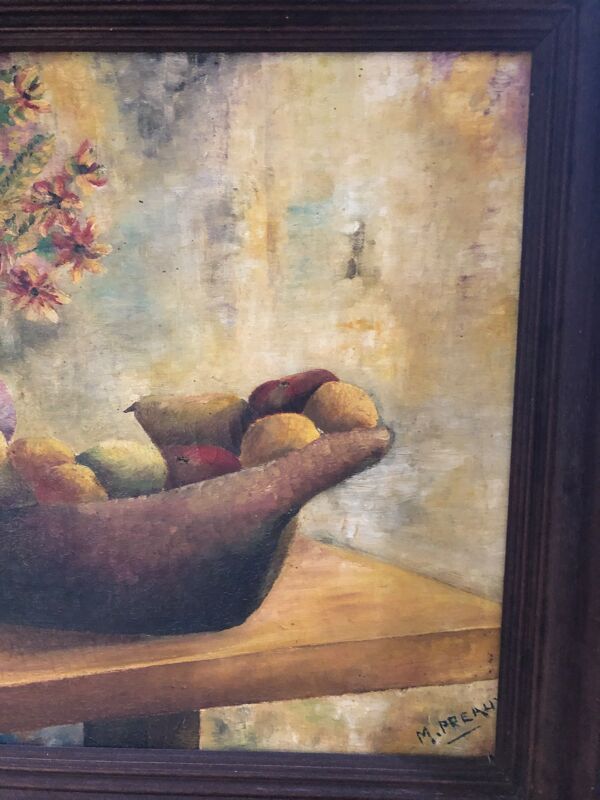 Tableau ancien huile sur toile M. Preaux nature morte + cadre bois vintage