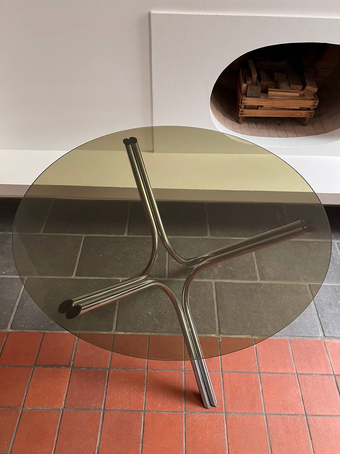 Chromed metal and smoked glass dining table, 1970
