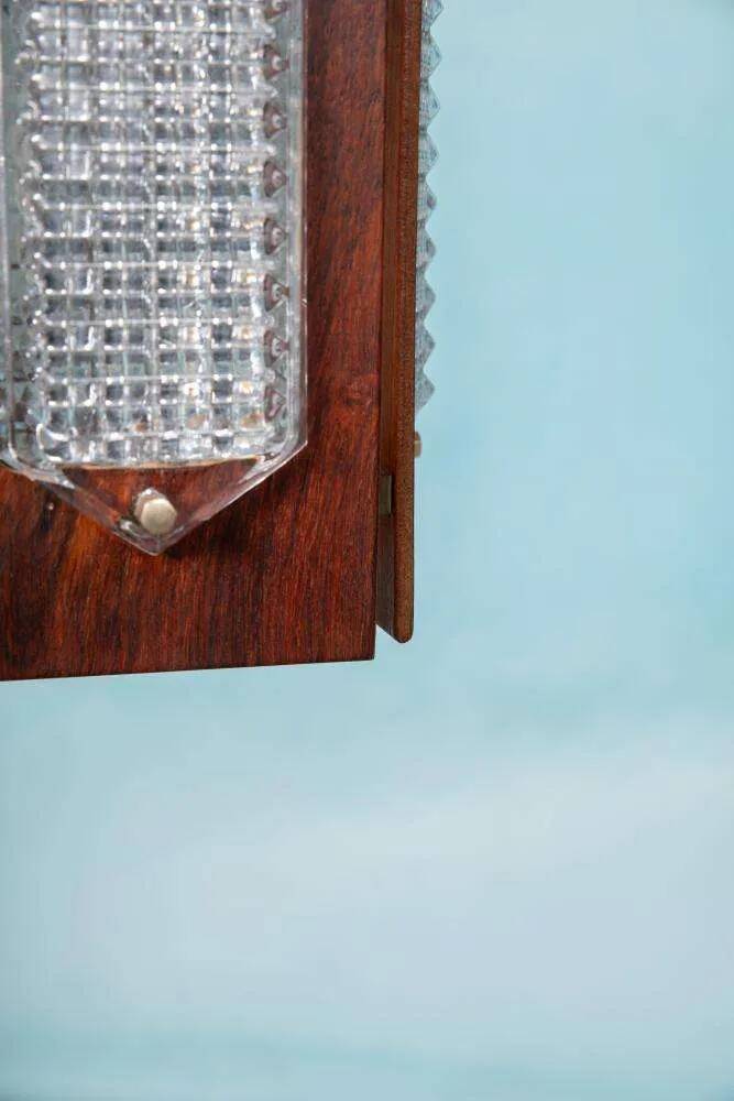 Vintage wooden and glass suspension Flygsfors Facette, glass lamp.