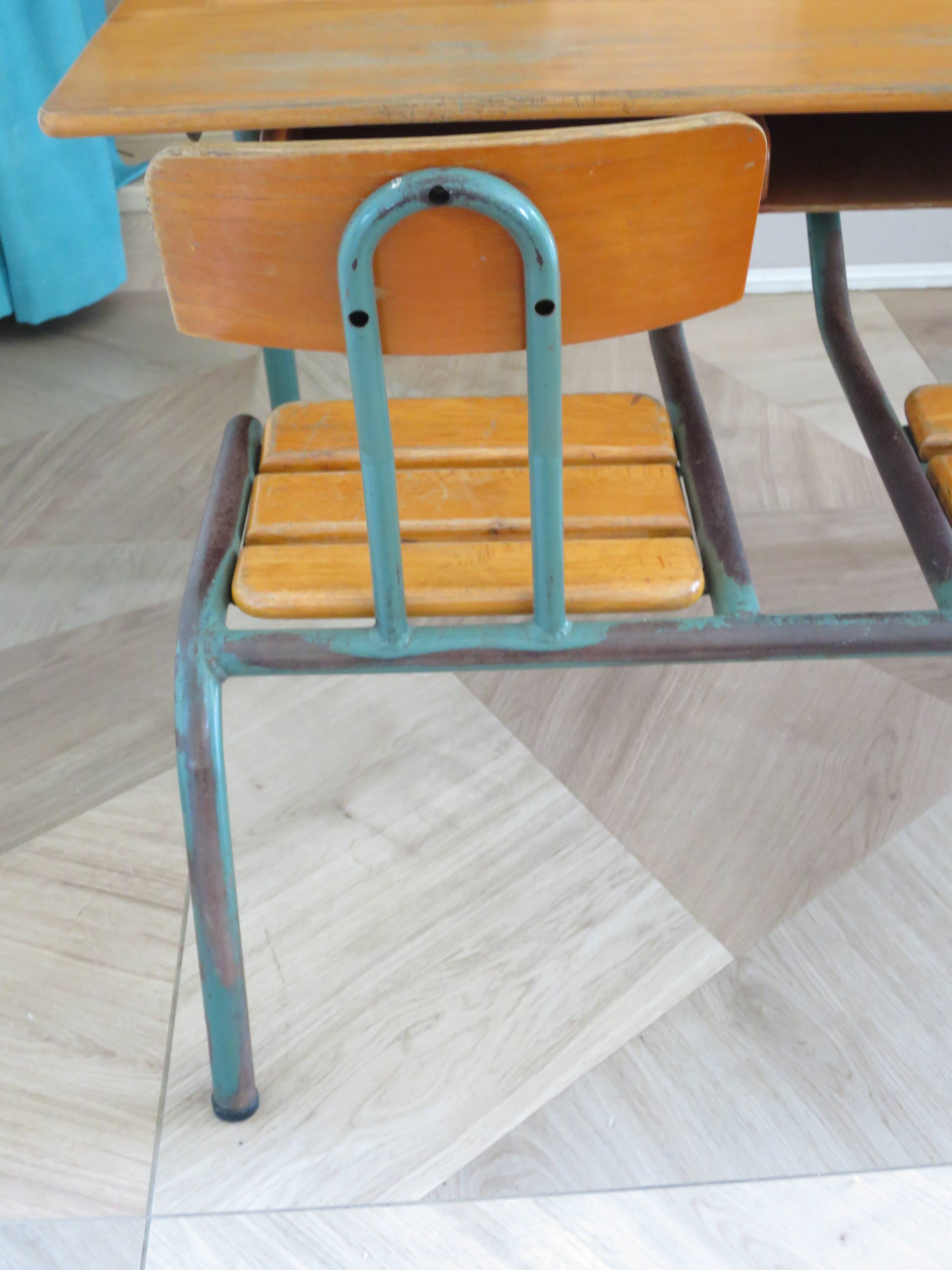 Bureau d’écolier vintage en bois et métal - Bureau double