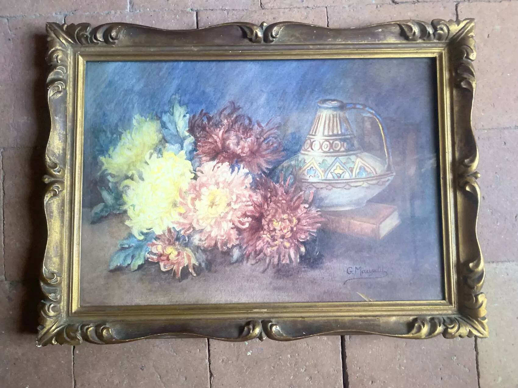 Tableau, aquarelle nature morte aux fleurs signée, sous verre, 1900