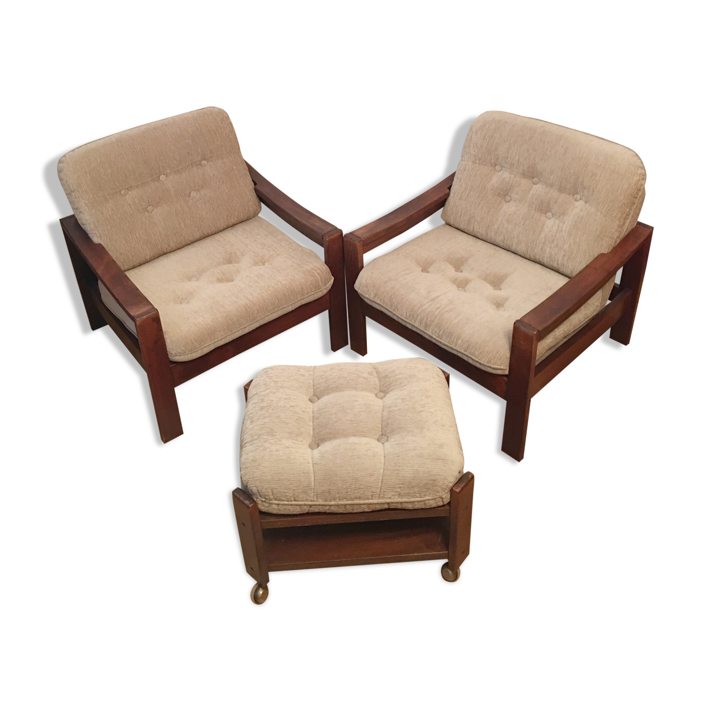 Brown vintage armchairs, 1960s, pair with one stool