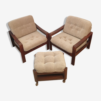 Brown vintage armchairs, 1960s, pair with one stool