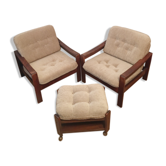 Brown vintage armchairs, 1960s, pair with one stool