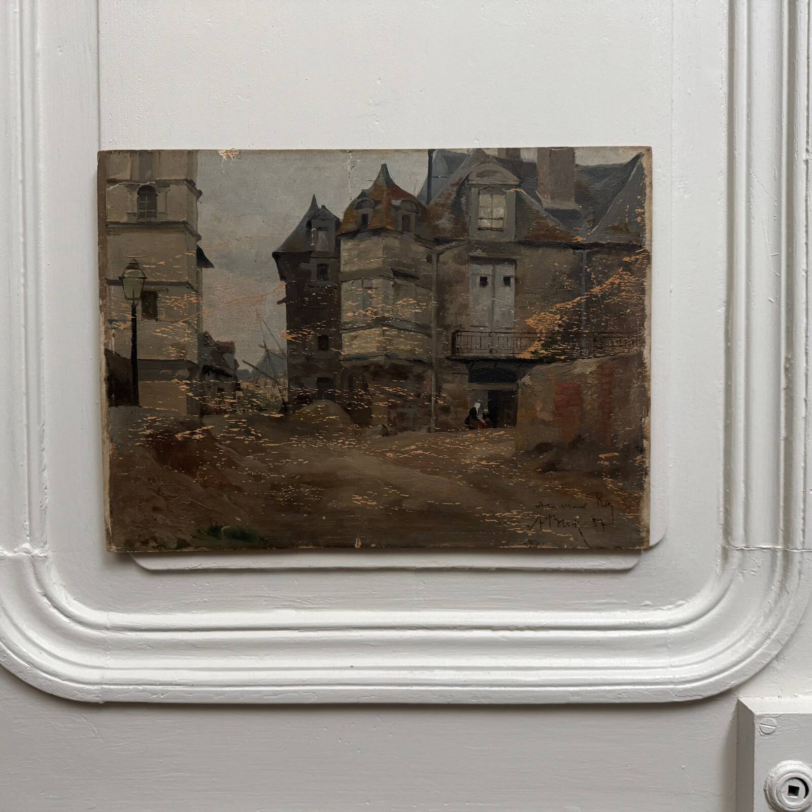 Oil on panel street scene by Roy 1856