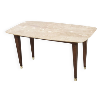 Table basse vintage en hêtre par paolo buffa avec un plateau en travertin rose