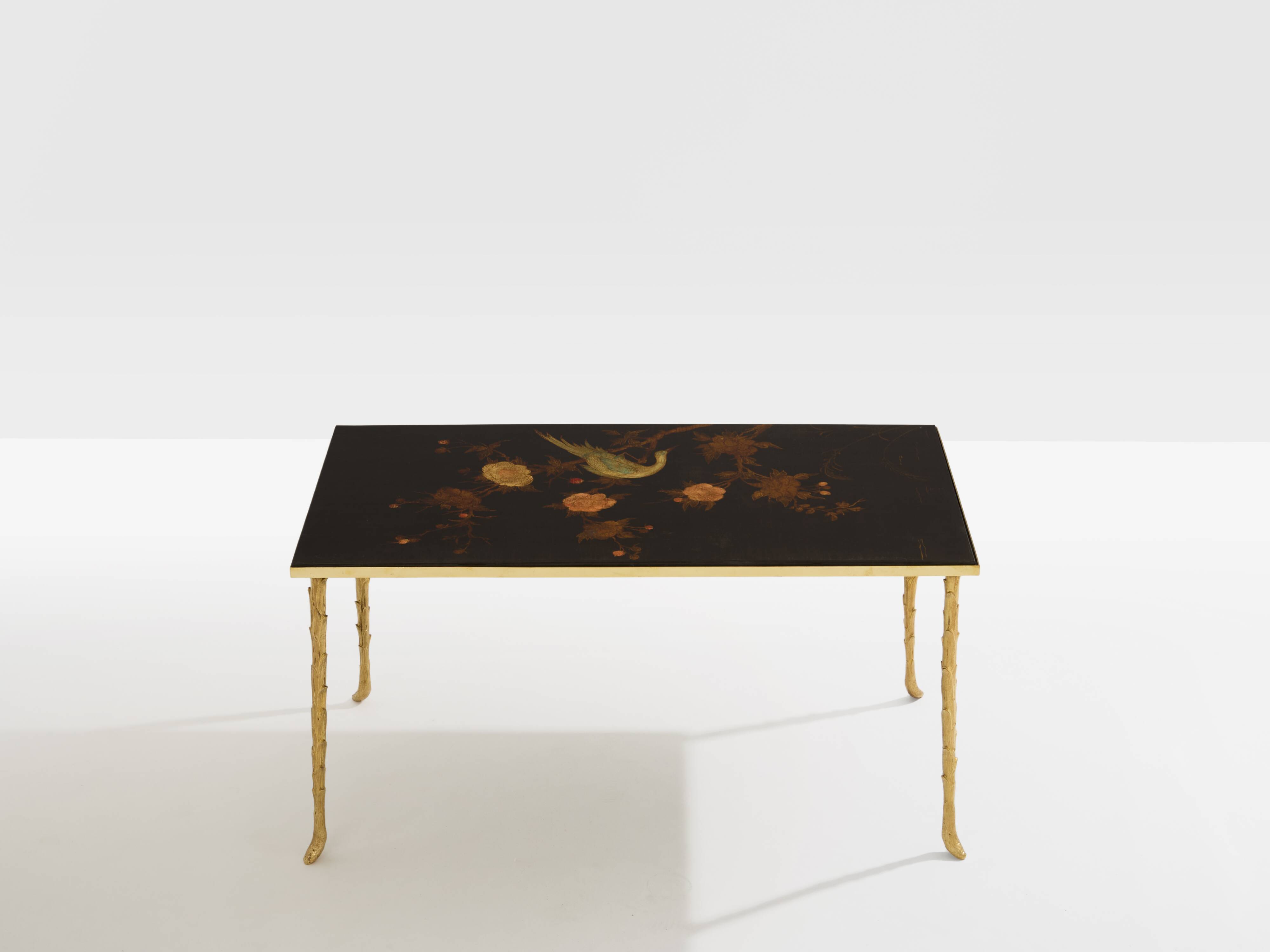 Maison Baguès bamboo brass Chinese lacquered small coffee table 1950s