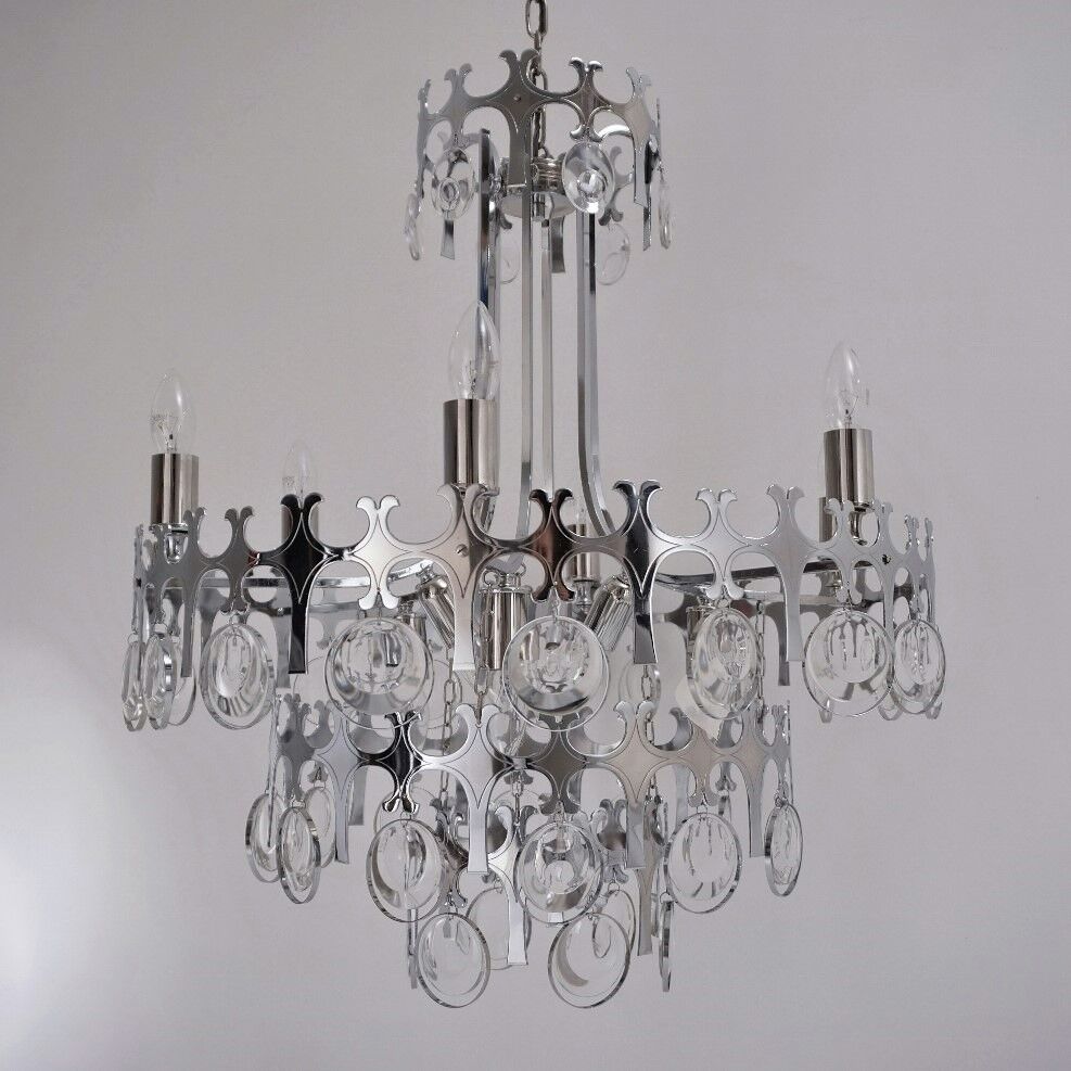 Sciolari chandelier `Ovali` 12 lights, silver with optical crystals, 1970`s ca, Italian, Rewired