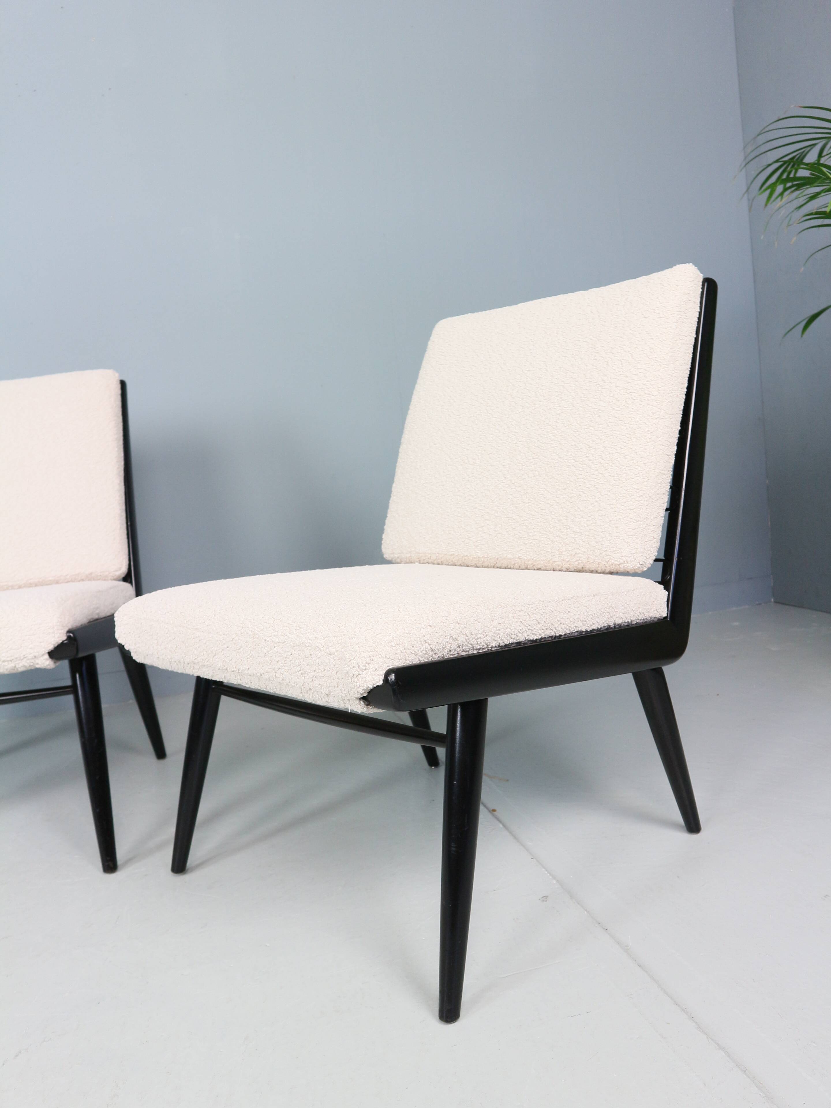 2x 'boomerang' h. mitzlaff, e. schmidt for soloform, bouclé lounge chairs, 1953