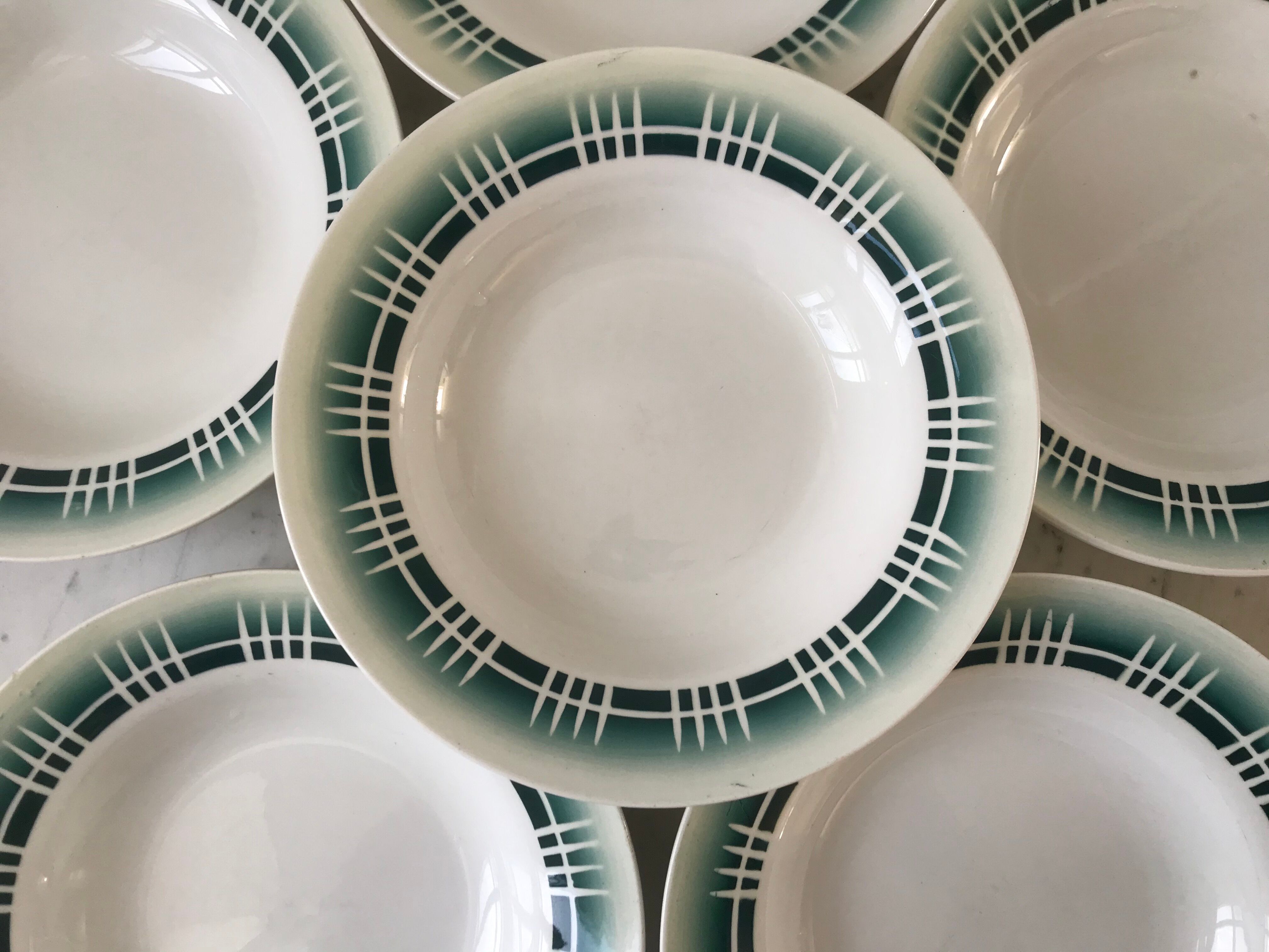 Set of 6 green hollow plates Digoin Sarreguemines 30s